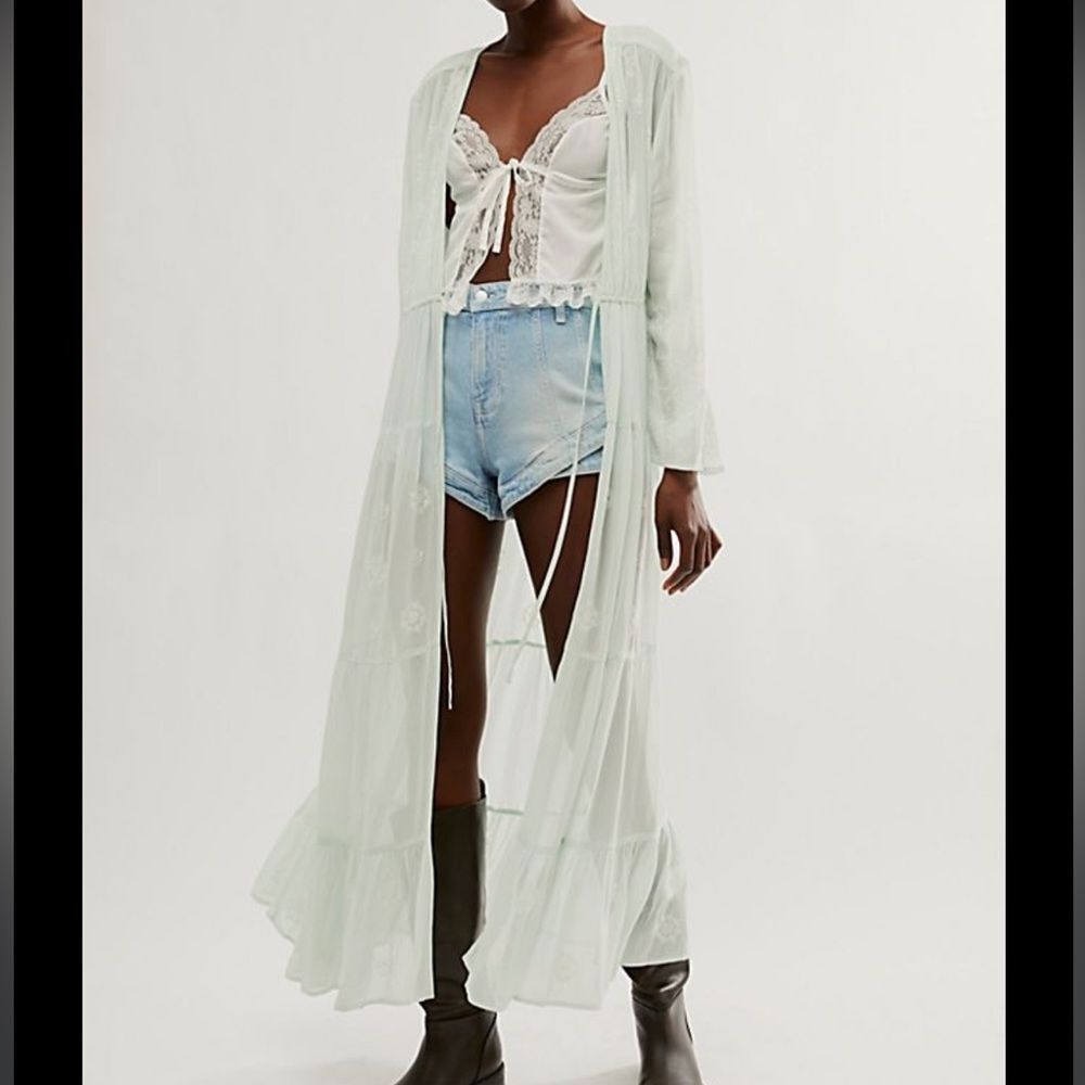 Free People x NFC La Cienega Embroidered Kimono Duster in Sky Combo - Picture 2 of 7